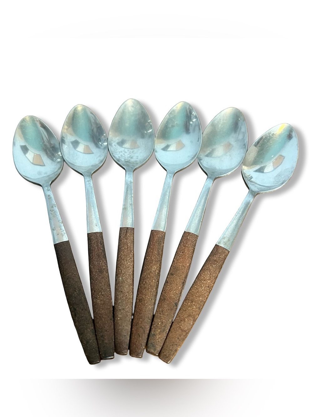 MCM Mid-Century Interpur Stainless Steel Spoon Brown Wood Handles Japan Set of 6
